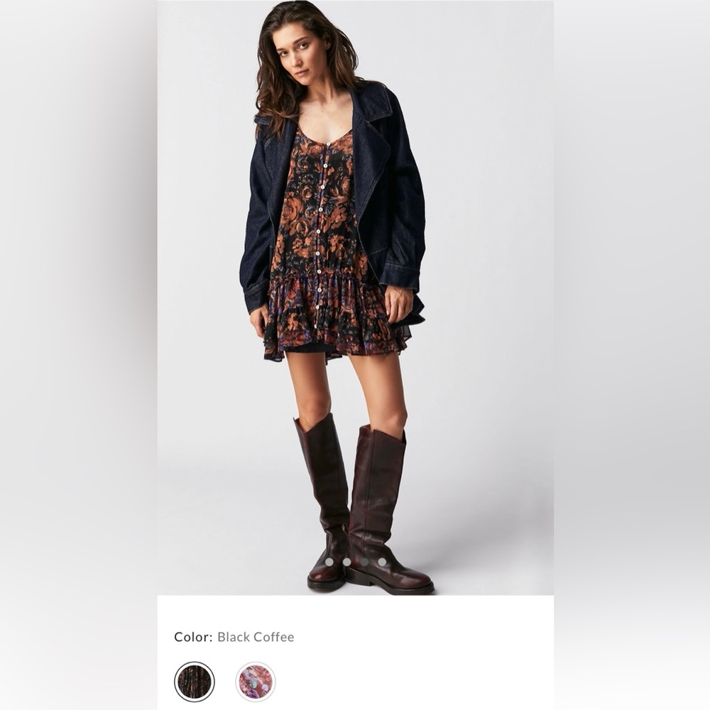 Free People Black Coffee Floral Ruffled Mini Dress